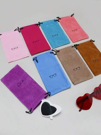 1-12pcs Flocked Colorful Drawstring Eyeglasses Storage Pouch, Fashion Portable Eyewear Case