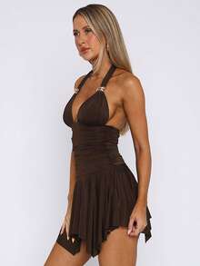 Women Halter Neck Mini Dress Flowy Irregular Ruffle Hem Backless Summer Ruched Cocktail Party Dresses - 棕色 - 查看 3