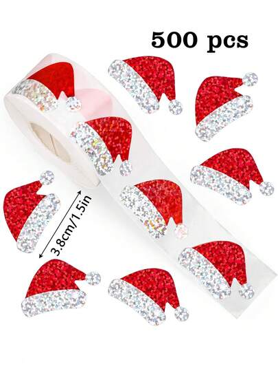 500pcs/Roll Holographic Asymmetric Shaped 3.8cm Christmas Red Santa Hat Stickers, Graffiti Stickers For Christmas Decoration, Party, Scrapbooking, Card Sealing, Envelope Sealing, PVC Sticker