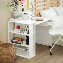 SoBuy Mesa de Escritorio, Mesa de Ordenador con un cajón y 4 estantes,Color Blanco, L 101 x H 76 cm,FWT35-W,ES Mesa Escritorio Silla de Oficina Muebles de Oficina en Casa, Mobiliario de estudio Blanco estilo nórdico, estilo sencillo 101x60x76 cm - Blanco - Ver 6