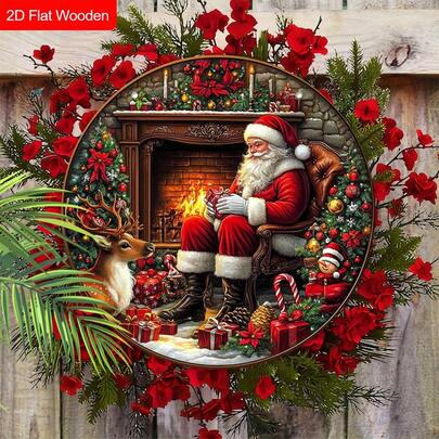 1pc Christmas Red Santa Claus Reindeer Vintage Style Berry Poinsettia Wooden Porch Wreath Hanging Printed Sign Home Fence Decor, Tree Outdoor Decoration Pendant, Suitable For Garden Room Holiday Party Supplies