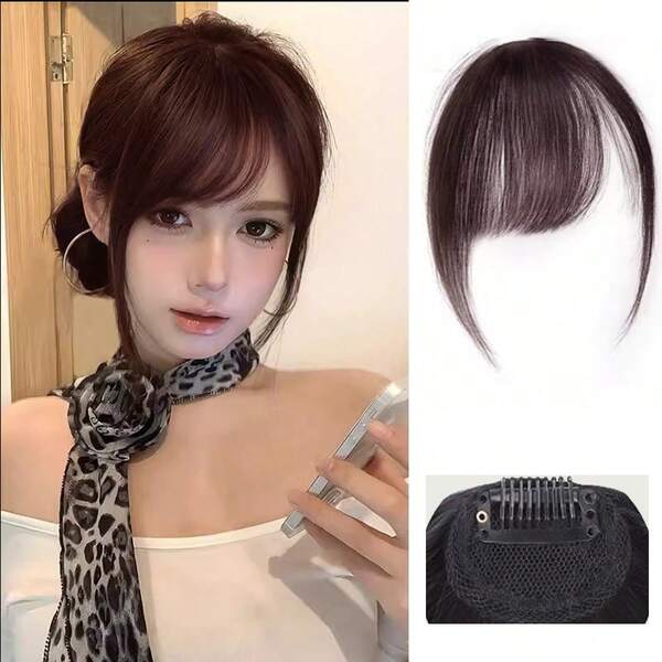 Clip-In Echthaar Pony mit Seitenpony, natürlicher Clip-On Seitenpony, gerade Pony Haarverlängerung