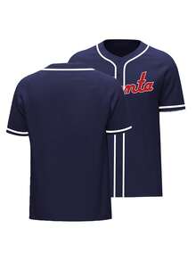 Men's Baseball Jersey  Blue Button-Down Embroidered Sports T-Shirt Gym Clothes Men Basic T Shirt - Blue - View 1