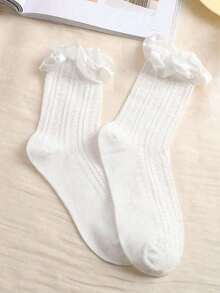 5 Pairs Random Women's Bow, Ruffle, Floral Lace Trim Thin White & Black Mid-Calf Socks, Soft Comfortable Minimalist Lace Socks, Suitable For Daily & Outdoor Wear Women Hosiery