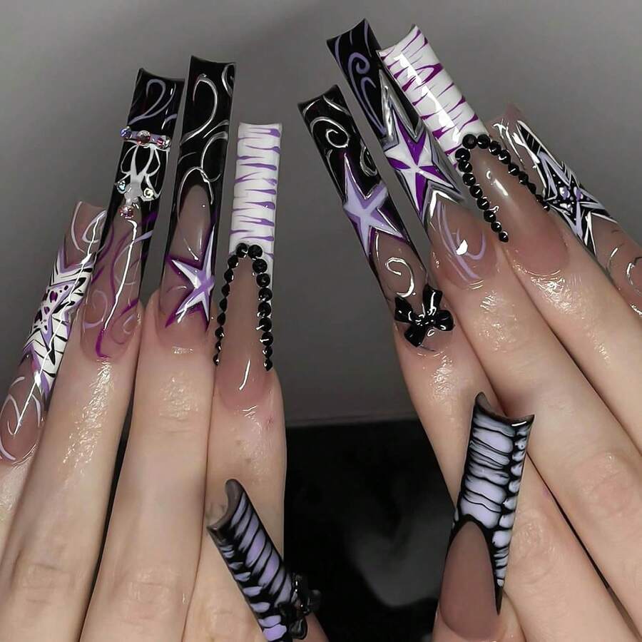 Extra Long Press On Nails Black French Tip Fake Nails Square False Nails With Bow Rhinestones Designs Extra Long Square Nail Press Ons Sparkly Glue On Nails Cute Stick On Nails For Women - Long Style-c5C28 - View 1