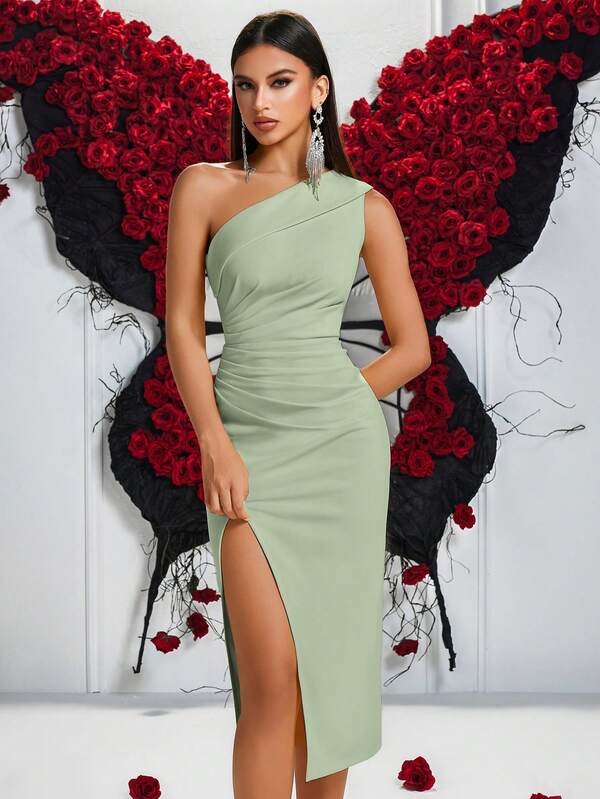 Elisanya 1pc Women Solid Color Pleated One Shoulder Front Slit Ball Gown, Party Dress Elegant Cocktail Semi Formal Prom Wedding Guest Dress, For Birthday,Dinner Formal Dresses, Homecoming Summer,Graduation Dress