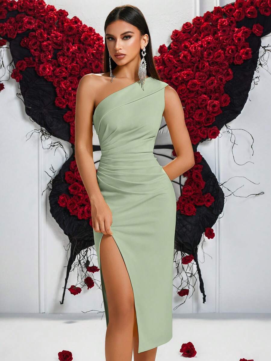 Elisanya 1件女款純色百褶單肩前開衩舞會長裙,優雅雞尾酒會半正式禮服,舞會婚禮賓客禮服,畢業禮服 - 綠色 - 查看 1