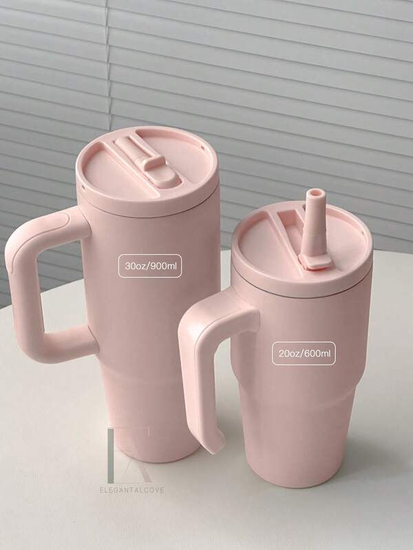 20盎司防漏保温杯，带提手和可折叠吸管，双层真空隔热，冷热饮皆宜，简约旅行杯
