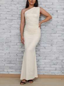 Summer Elegant Slanted Shoulder One Shoulder Solid Color Slim Fit Dress - Apricot - View 5