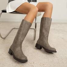 Women's Knee High Square Toe Chunky Block Riding Boots, Low Heel, 2025 Fashion - 灰褐色 - 查看 2