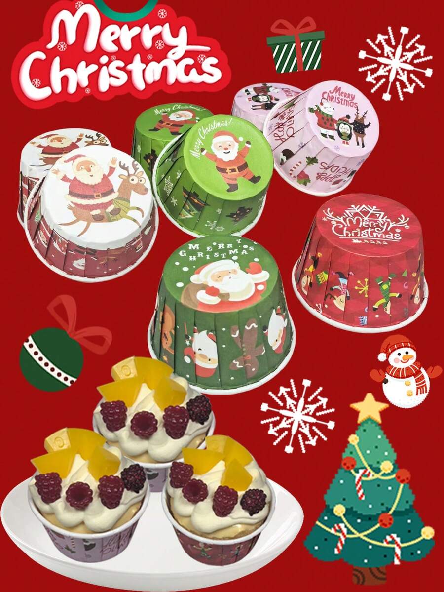 50pcs/100pcs Random Christmas Pattern Cupcake Liners, Heat-Resistant Paper Cupcake Trays, Round Baking Cups, Suitable For Birthday, Wedding, Party Christmas Christmas Decorations Christmas Pajamas Christmas Gifts Christmas Decor