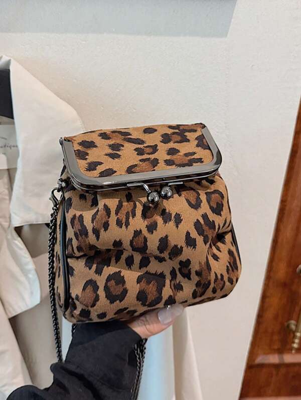 Bolsa de cosméticos plegable mini con estampado de leopardo, monedero, bolso de hombro cruzado de cadena de moda
