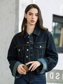 HH Dames Mode Effen Denim Revers Lange Mouwen Jas Top