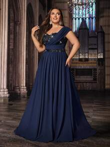 Elisanya Sanft elegantes einfarbiges Chiffon-Kleid in Große Größen mit Pailletten-Einsätzen, trägerlos und mit Schlitz - marineblau - Übersicht 4
