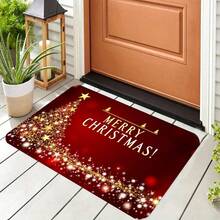 1pc Merry Christmas Indoor Door Mat Floor Mats For Home RV, Front Door Rugs Non-Slip Super Absorbent Mat, Red Black Golden Christmas Tree And Stars