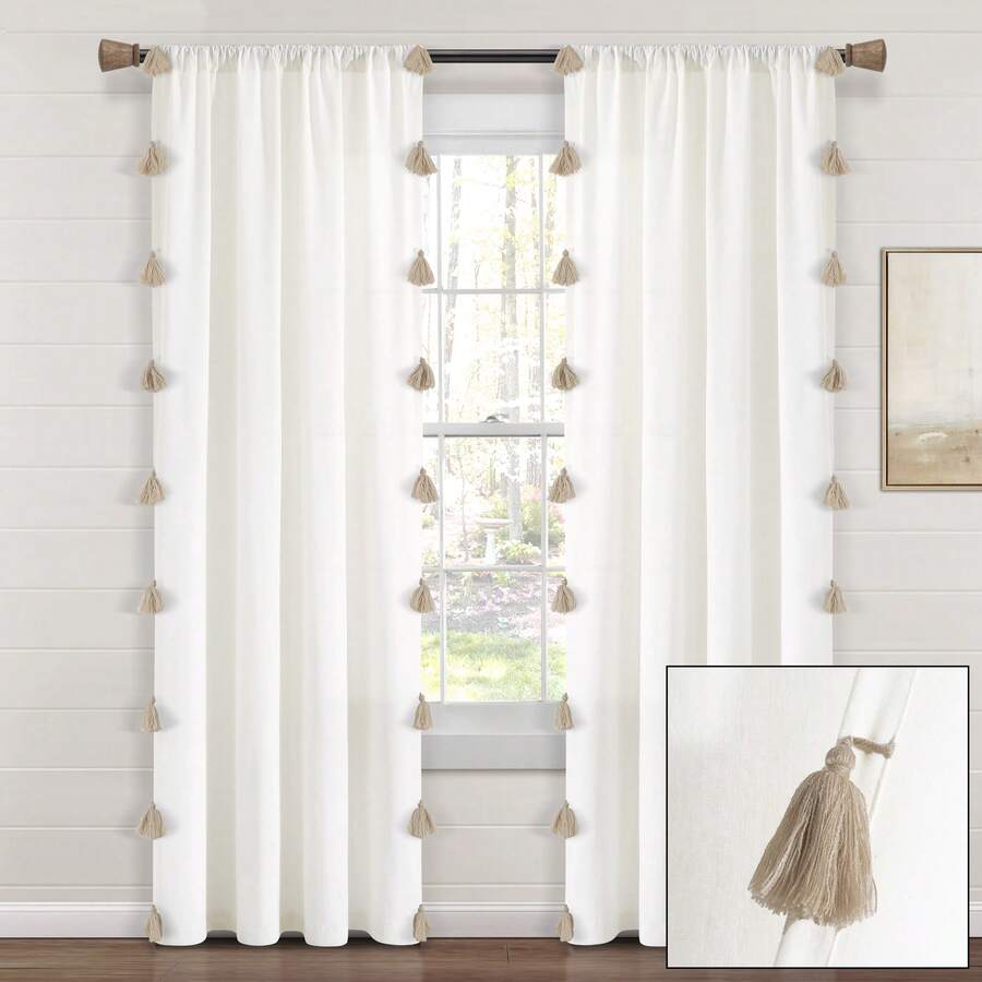 Lush Decor Boho Faux Linen Texture Tassel Rod Pocket Window Curtain Panel Single White/Turquoise 52X84 Halloween-Fall Decor-Room Decor - 白色/中性色 - 查看 1