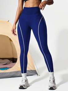 SHEIN 1 件黑白撞色条纹图案运动七分紧身裤 - 藍白色 - 查看 3