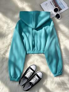 秋季女装纯色连帽长袖运动衫卫衣，返校季、夜间外出、休闲运动服 - 藍色 - 查看 2