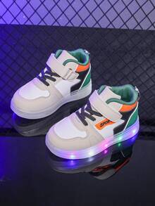 Mid-Top LED Lighting Soft Leather Breathable Sports Shoes, Suitable For Boys And Girls - Casual, Shock-Absorbing, All-Season Non-Slip Outdoor Running And Walking Shoes