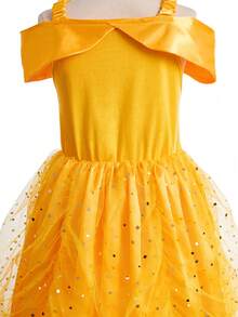 8 件套黄色无袖透明亮片女童装扮服装配饰套装，儿童公主角色扮演连衣裙，派对生日圣诞节万圣节服装 - 黃色 - 查看 4