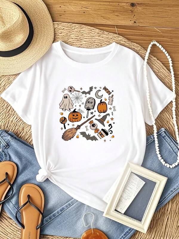 180g pure Cotton Halloween Doodles Hearth Shirt Gift For Halloween Moms, Cute Halloween Tshirt, Halloween Sweatshirt, Pumpkin Sweatshirt, Halloween Witch Tee Stylish women Stretched Breathable Slightly designer clothes Casual Versatile Unisex Comfortable graphic Soft