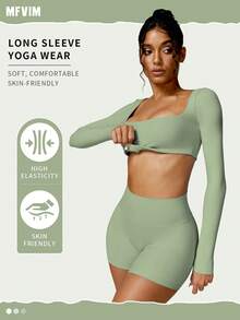 MFVIM 2pcs Women Yoga Set, Square Neck Tight Yoga Top And High Waist Butt Lifting Yoga Pants, Outdoor Gym Workout Yoga Suit, Suitable For All Seasons, Fitness Set (Basil Green) - Green - View 2