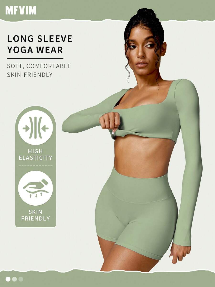 MFVIM 2pcs Women Yoga Set, Square Neck Tight Yoga Top And High Waist Butt Lifting Yoga Pants, Outdoor Gym Workout Yoga Suit, Suitable For All Seasons, Fitness Set (Basil Green)