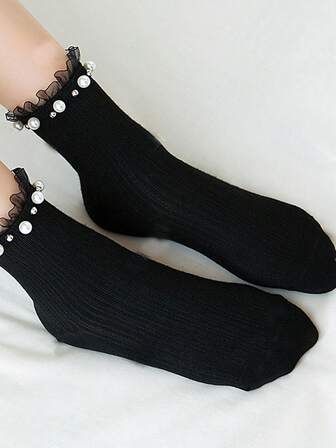 1 Pair Lace Trim Pearl Decorated Women's Mid-Calf Socks, Suitable For Romantic Outings And Campus Wear, Fall Socks