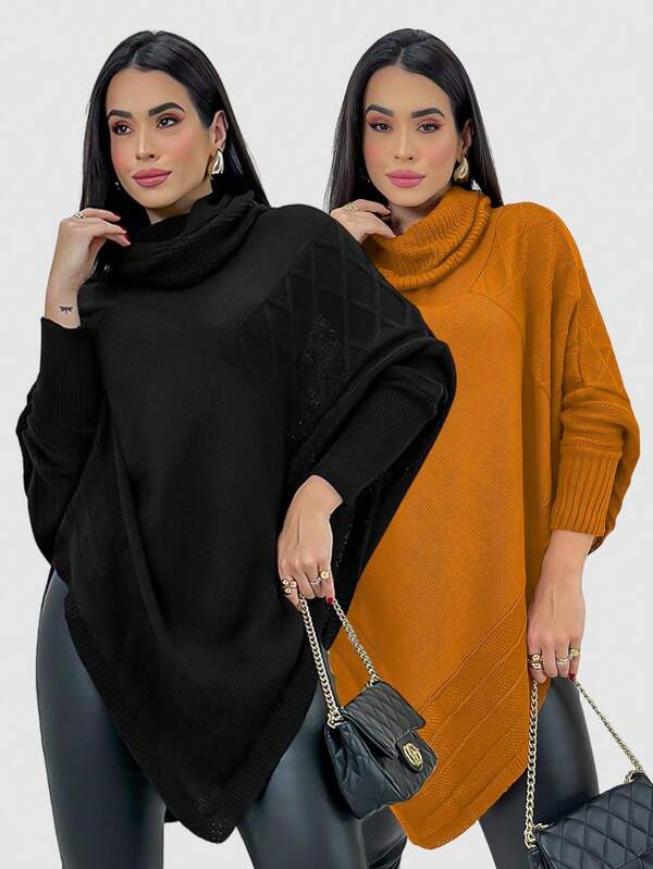 Kit 2 Blusa Poncho Alongado Tricot Gola Alta Manga Longa Promoção Inverno Gringa