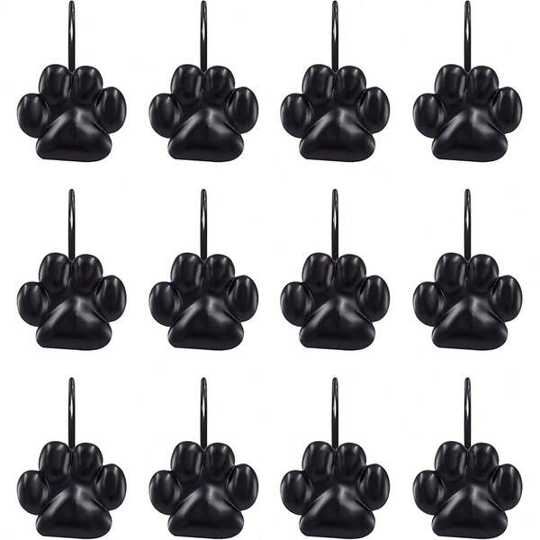 12PCS Dog Paw Shower Curtain Hooks, Rust Proof Oil Metal Shower Curtain Rings For Bathroom, Black Paw Hooks Rustproof Christmas Decor