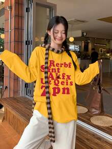 女士红色字母印花长袖 T 恤，休闲街头风格宽松棉质上衣，秋季 - 黃色 - 查看 3