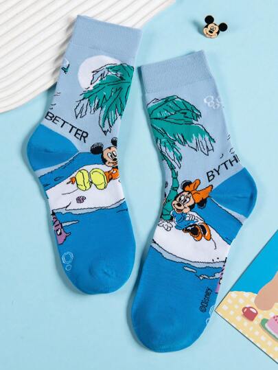  1 Par de Calcetines Auténticos de Disney, Calcetines de Dibujos Animados de Mickey Mouse y Minnie Mouse, Calcetines Novedosos, Divertidos, Cómodos y Transpirables de Moda Unisex