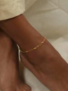 Nooxian 1pc Double Layer Anklet Jewelry For Women, Stainless Steel Beaded Wavy Chain, Waterproof Beach Vacation Everyday Accessory (Bead Quantity Random)