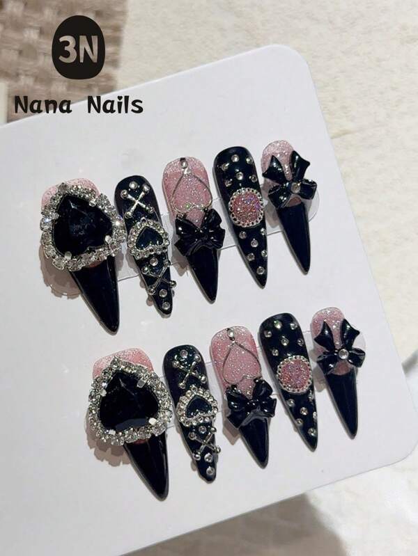 10Pcs Press On Nails Vibrant Y2K Nails Purple&Pink, Sparkling Purple & Black French Tip Nails, Press-On Adhesive Art With Customizable Geometric Designs, Halloween Nails