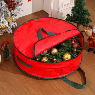 1pc/2pcs/3pcs Christmas Storage Bag, Christmas Ribbon Storage Container, Thick Christmas Tree Ball Rattan Storage Bag, Christmas Decor Plush Ribbon Christmas Storage Round Bag