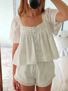 Women Y2k Lace Trim Shirt Babydoll Short Sleeve Ruffle Hem Flowy T Shirts Summer Boho Tops  Going Out Tops Streetwear - 白色 - 查看 2