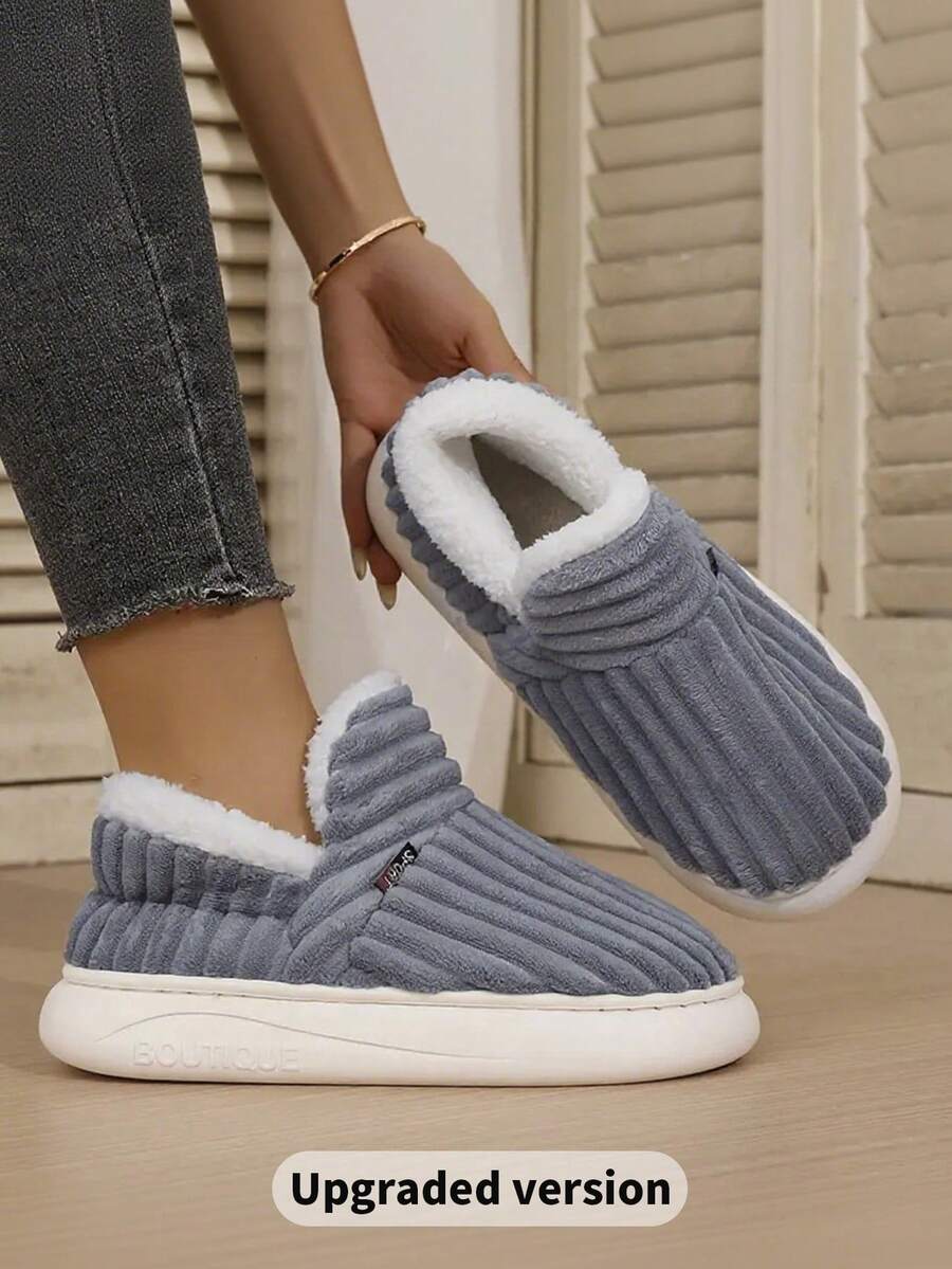 秋冬女士时尚条纹防滑保暖室内拖鞋，毛绒拖鞋