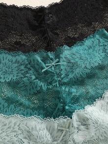 3pcs/Set Solid Color Bow Floral Lace Panties, Sexy & Romantic Women's Underwear - Multicolor - View 5
