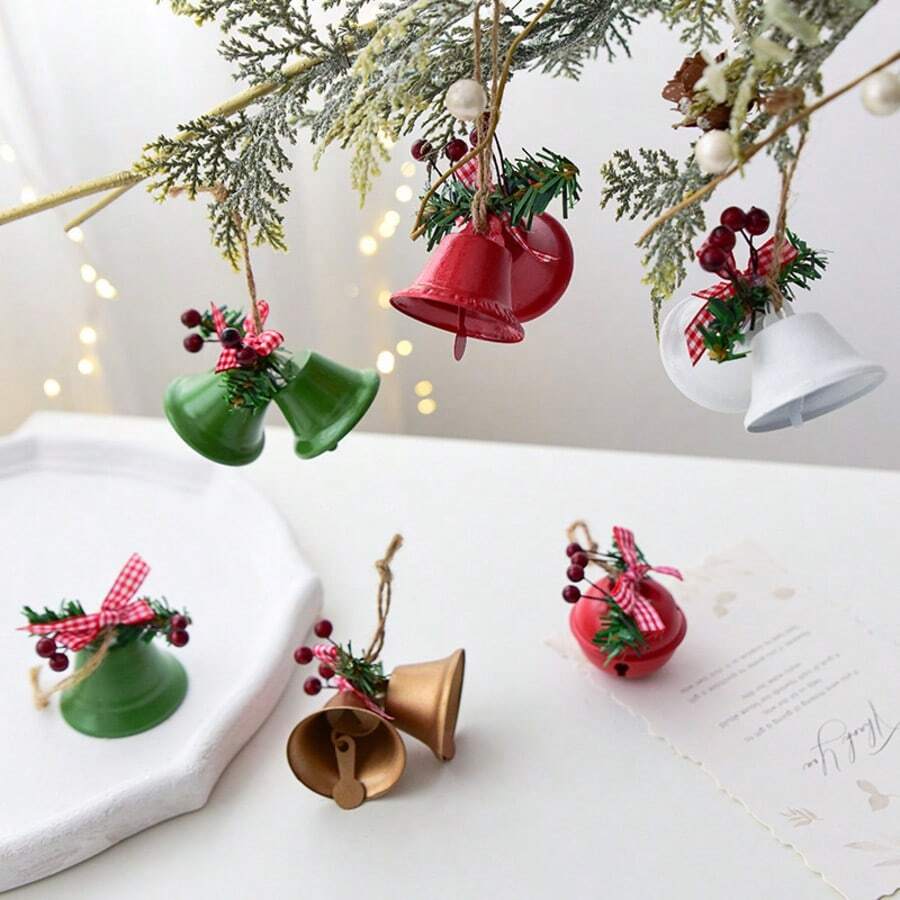 Christmas Iron Jingle Bell DIY Bow Pine Cone Red Berry Christmas Tree Hanging Ornament, Christmas Decoration