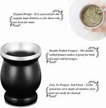 LA FEE Yerba Mate Natural Gourd/Tea Cup Set Brown (Original Traditional Mate Cup - 8 Ounces),Includes Yerba Mate Straw & Cleaning Brush,Stainless Steel |   Double-Walled |   Easy To Clean (Black) - 棕色 - 查看 11