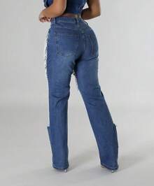 Women's Summer Pants Ripped Heavy-Duty Beaded Stretch Jeans - Màu xanh lam - Xem 2