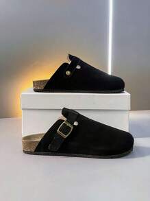 Sandalias de diapositivas de verano 2025, parte superior de cuero con diseño de hebilla, suela gruesa de corcho suave, elevada, de unicolor, simple, adecuada para exteriores, viajes, estilo casual de calle, a juego de pareja, pantuflas tipo mula sin cordones, cuero de alta calidad, cómoda, para uso interior y exterior