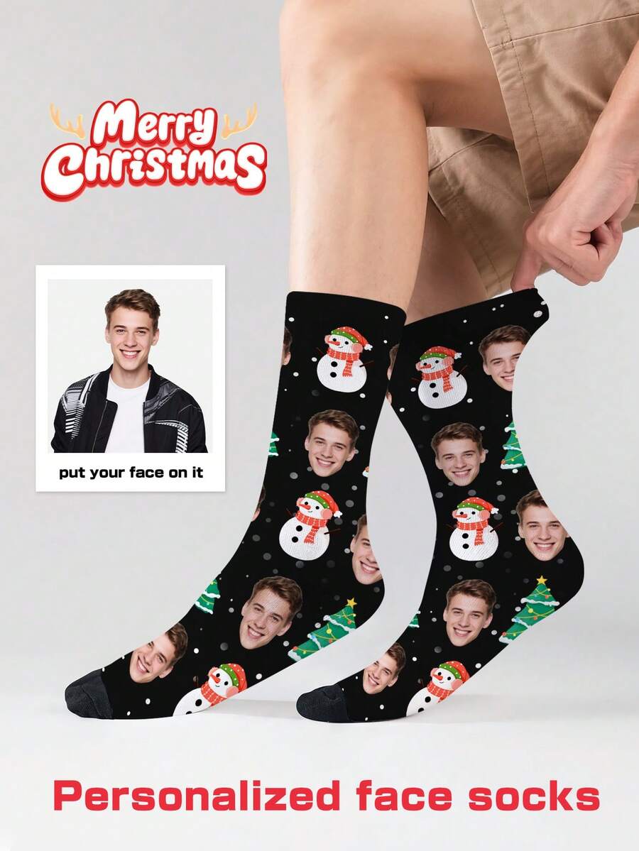 1 Pair Of Custom Face Socks, Custom Photo Socks, Custom Printed Socks, Print Any Face On Socks, Anniversary Gift, Halloween Gift, Christmas Gift, Gift For Friends, Whimsical Gift For Family, Women's Mid-Calf Socks, Men's Socks. - Multicolor - View 1
