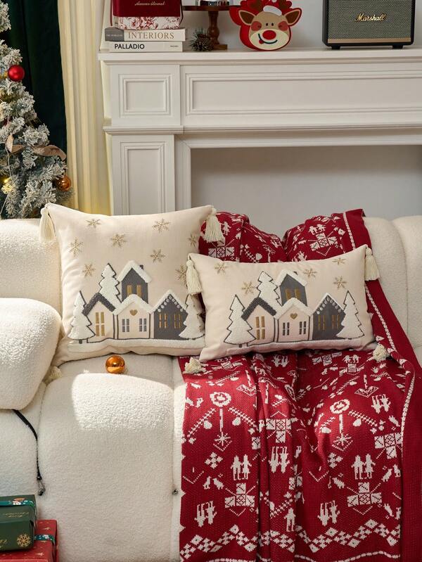 1 pieza Funda de almohada bordada de Navidad, de fibra de poliéster moderna sin relleno, adecuada para material de lienzo para decoración de Año Nuevo y Navidad en salas de estar y jardines al aire libre, decoración navideña, regalos de Navidad (SIN INSERTO), decoración de otoño, decoración de otoño, decoración de habitaciones