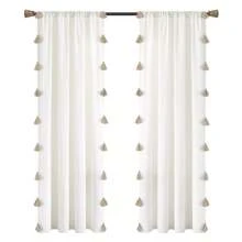 Lush Decor Boho Faux Linen Texture Tassel Rod Pocket Window Curtain Panel Single White/Turquoise 52X84 Halloween-Fall Decor-Room Decor - 白色/中性色 - 查看 7