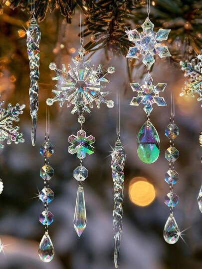 10 peças - Enfeites de cristal multicoloridos para decoração de árvores, enfeites de cristal para decoração de árvores de Natal, enfeites de acrílico para pendurar em formato de floco de neve com pingentes, enfeites de cristal para pendurar em formato de floco de neve de acrílico para decoração de lustres de inverno, suprimentos para decoração de árvores de Natal, suprimentos para festas de inverno, Natal
