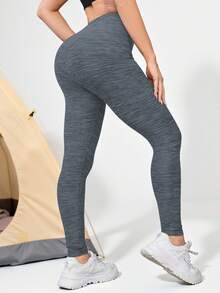 Space Dye Wideband Waist Sports Leggings - Dark Grey - View 3
