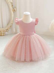 女婴短袖蝴蝶结薄纱派对礼服，优雅公主裙，适合一周岁生日、婚礼、宴会、派对等场合。