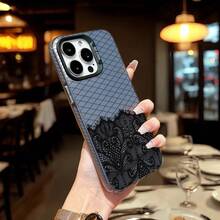 Black Floral Pattern Phone Case, Personalized Compatible With IPhone 16 Pro Max, 15/14 Plus, 13, 12, 11 Protective Cover - Black Frame Silver Gray - View 3