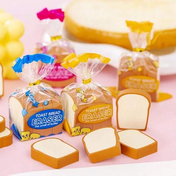 4Pcs/Lot Cute Toast Bread Eraser School Stationery Creative Kids Writing Drawing Rubber Pencil Eraser Funny School Supplies Gift (Color Random)